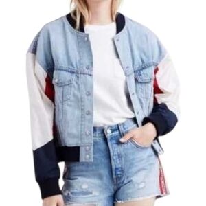 Levi’s Premium Denim Bomber Jacket Blue Red White Varsity Mixed Media Snap Up M